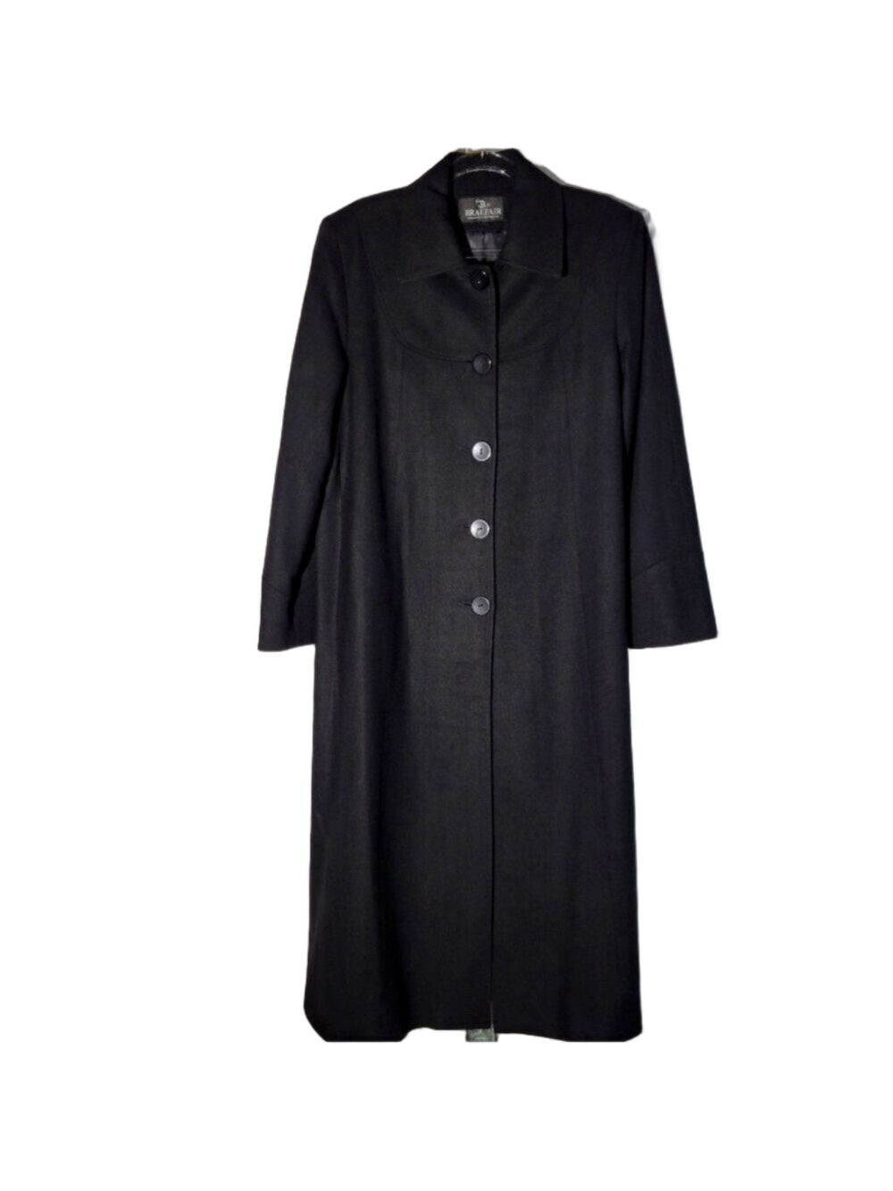 Vintage 90s Braefair Black Wool Mix Long Overcoat Trench Size 12